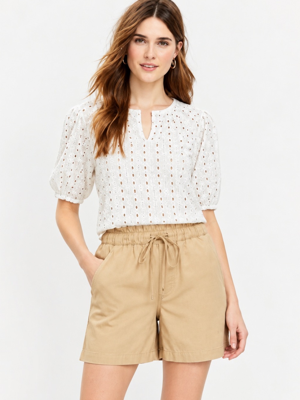 Ann Taylor LOFT Emory High Rise Elastic Waist Pull-On Shorts Tan Large